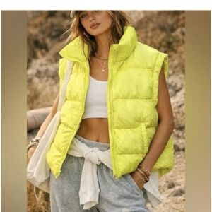 Free People Movement Oversized Vest In the Bubble Neon Yellow Puffer Vest XS